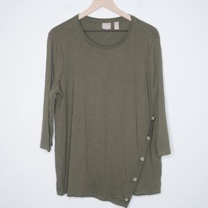 Chico's Womens 3/4 Sleeve T-Shirt Size 2 Large Olive Green Buttons Wrap Neutrals